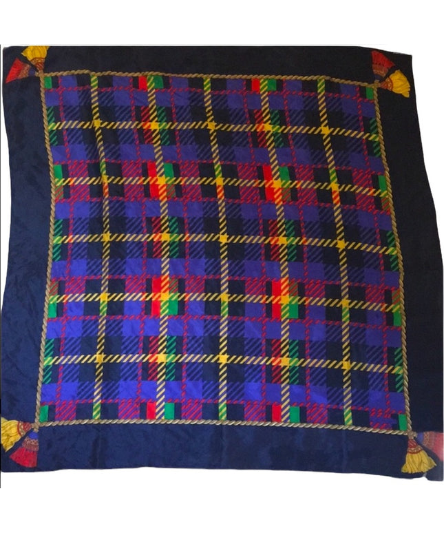 Echo silk Plaid scarf 1980s Vintage print tassel