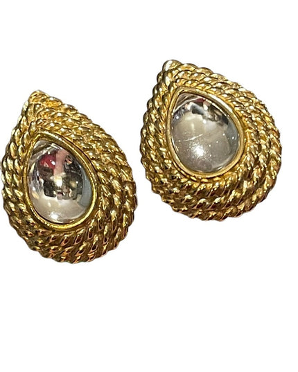Vintage gold tone glass chunky earrings clip on tear drop