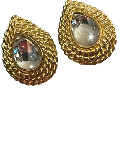 Vintage gold tone glass chunky earrings clip on tear drop