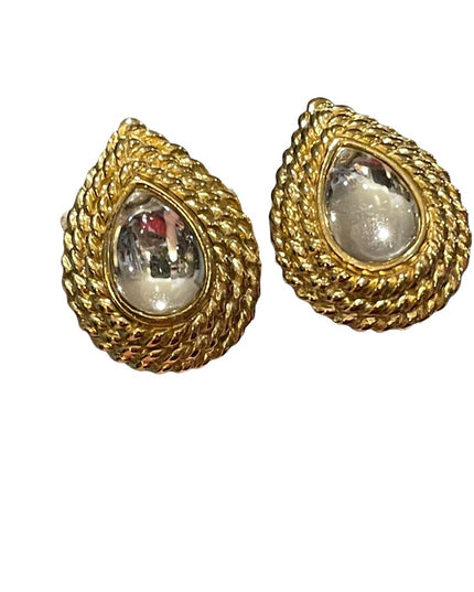 Vintage gold tone glass chunky earrings clip on tear drop