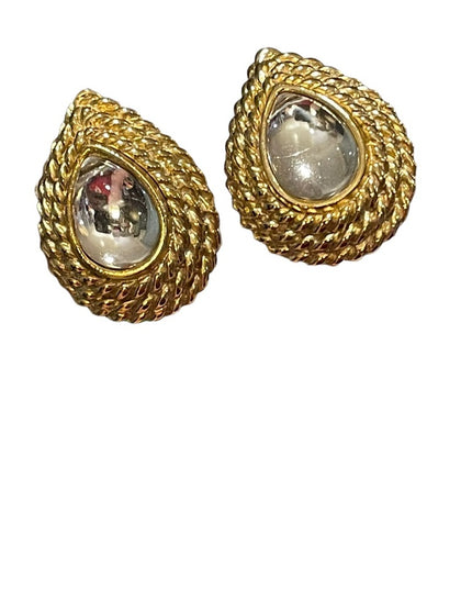 Vintage gold tone glass chunky earrings clip on tear drop