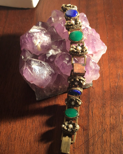Vintage 1960s  Fancy glass faux pearl chunky ornate bracelet