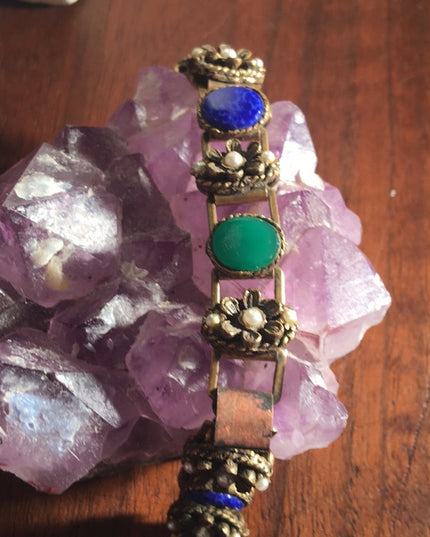 Vintage 1960s  Fancy glass faux pearl chunky ornate bracelet