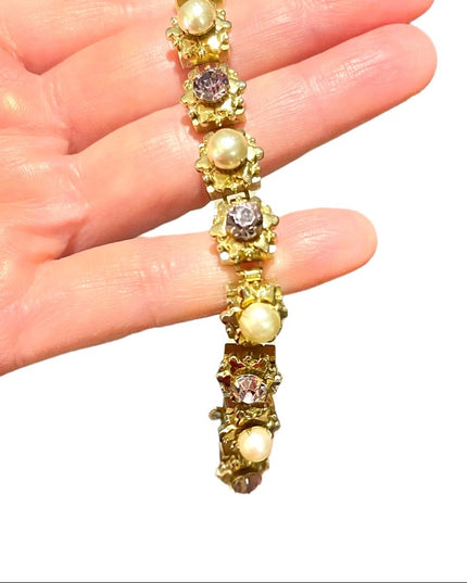 Vintage Purple crystal & faux pearl High quality thick heavy bracelet 1950s