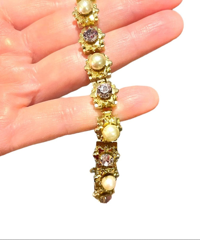 Vintage Purple crystal & faux pearl High quality thick heavy bracelet 1950s