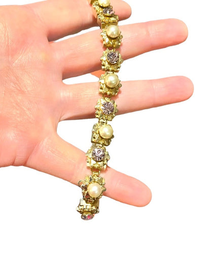 Vintage Purple crystal & faux pearl High quality thick heavy bracelet 1950s
