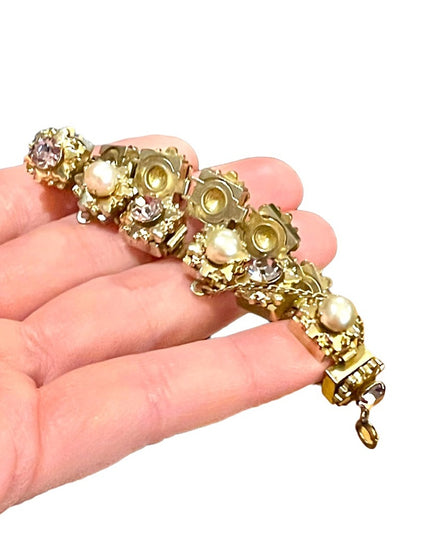 Vintage Purple crystal & faux pearl High quality thick heavy bracelet 1950s