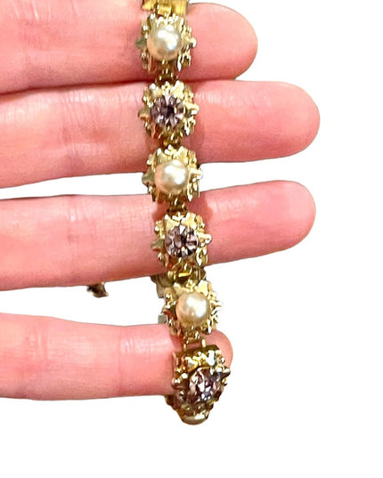 Vintage Purple crystal & faux pearl High quality thick heavy bracelet 1950s
