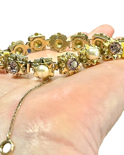 Vintage Purple crystal & faux pearl High quality thick heavy bracelet 1950s