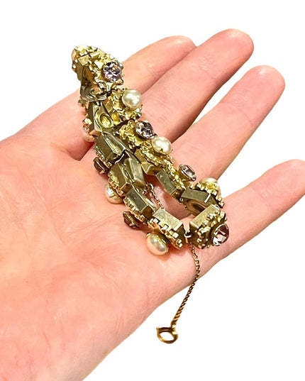 Vintage Purple crystal & faux pearl High quality thick heavy bracelet 1950s