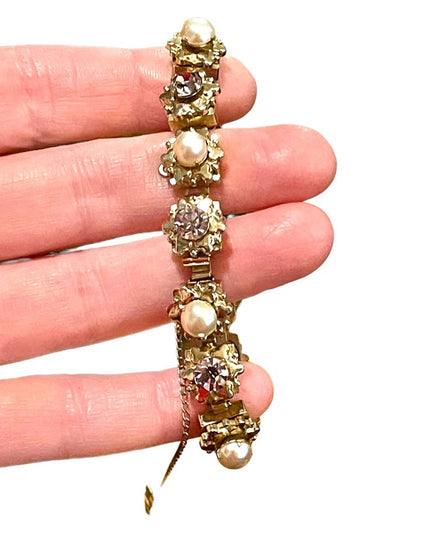 Vintage Purple crystal & faux pearl High quality thick heavy bracelet 1950s