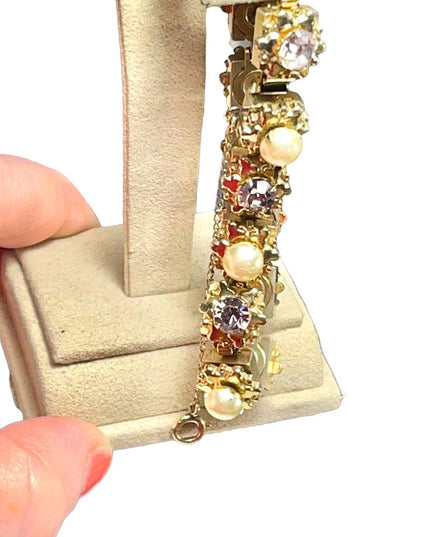 Vintage Purple crystal & faux pearl High quality thick heavy bracelet 1950s