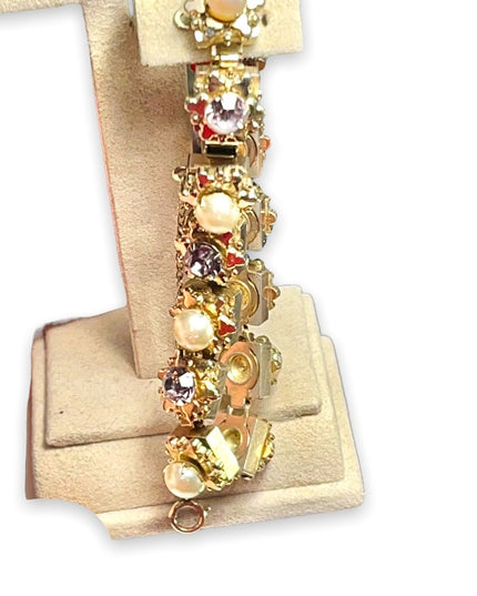 Vintage Purple crystal & faux pearl High quality thick heavy bracelet 1950s
