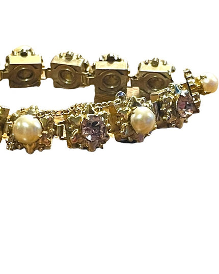 Vintage Purple crystal & faux pearl High quality thick heavy bracelet 1950s