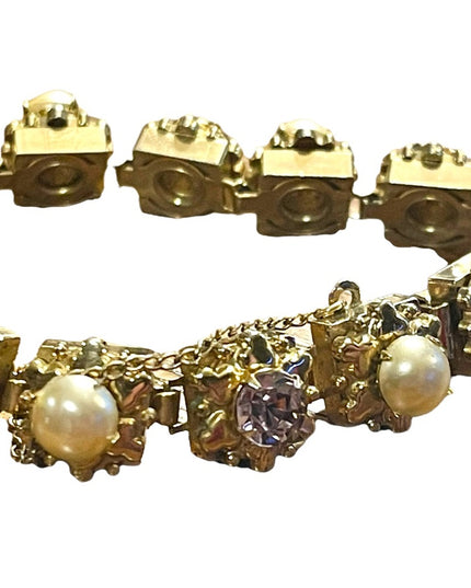 Vintage Purple crystal & faux pearl High quality thick heavy bracelet 1950s