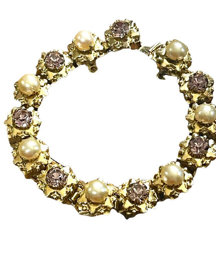 Vintage Purple crystal & faux pearl High quality thick heavy bracelet 1950s