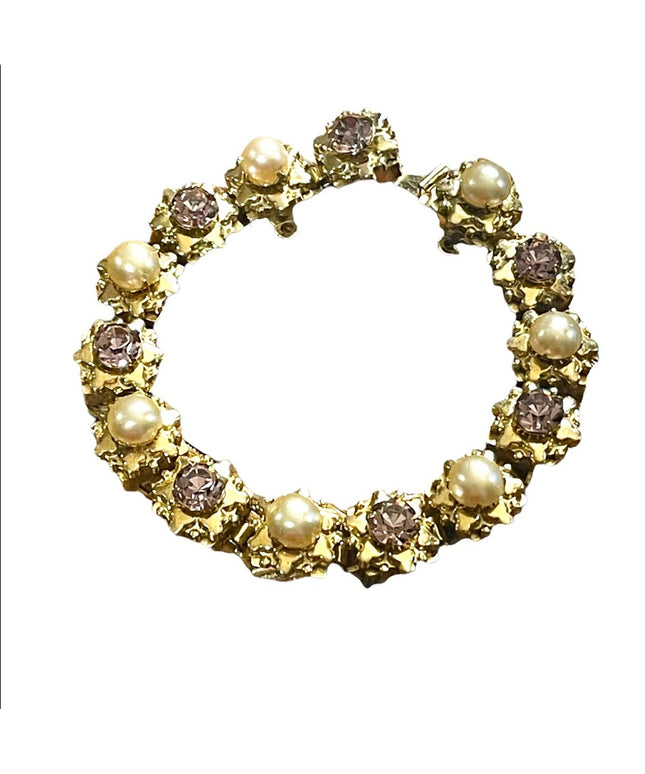 Vintage Purple crystal & faux pearl High quality thick heavy bracelet 1950s