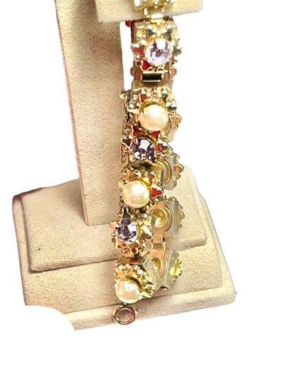 Vintage Purple crystal & faux pearl High quality thick heavy bracelet 1950s
