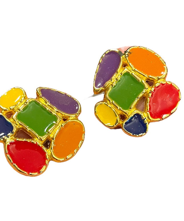 Vintage 1970s Multi color enamel colorful Gold finish FUN shoe clips