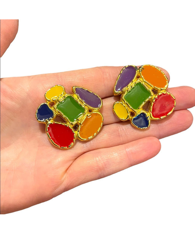 Vintage 1970s Multi color enamel colorful Gold finish FUN shoe clips