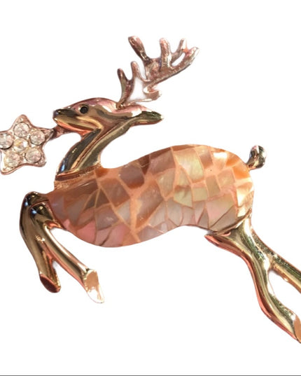 Reindeer rhinestone faux mosaic pearl brooch Gold tone