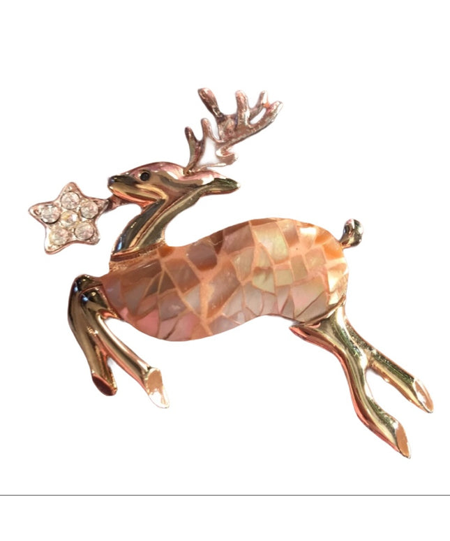 Reindeer rhinestone faux mosaic pearl brooch Gold tone