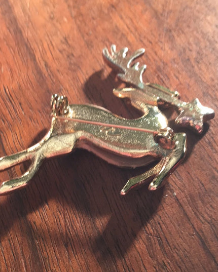 Reindeer rhinestone faux mosaic pearl brooch Gold tone