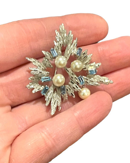 Antique Silver plated faux pearl blue crystal rhinestone starburst brooch