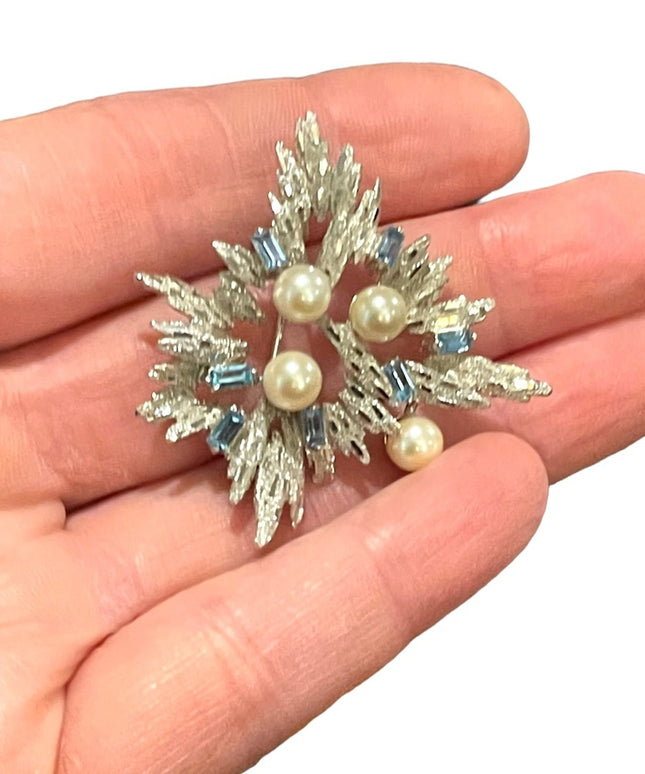 Antique Silver plated faux pearl blue crystal rhinestone starburst brooch