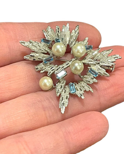 Antique Silver plated faux pearl blue crystal rhinestone starburst brooch