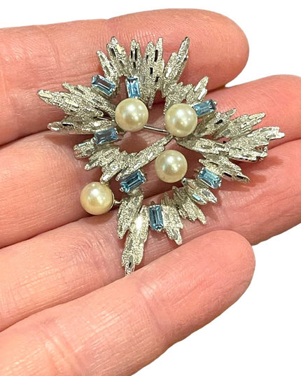 Antique Silver plated faux pearl blue crystal rhinestone starburst brooch