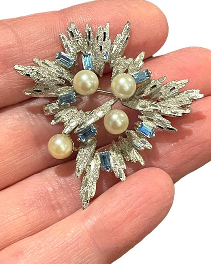 Antique Silver plated faux pearl blue crystal rhinestone starburst brooch