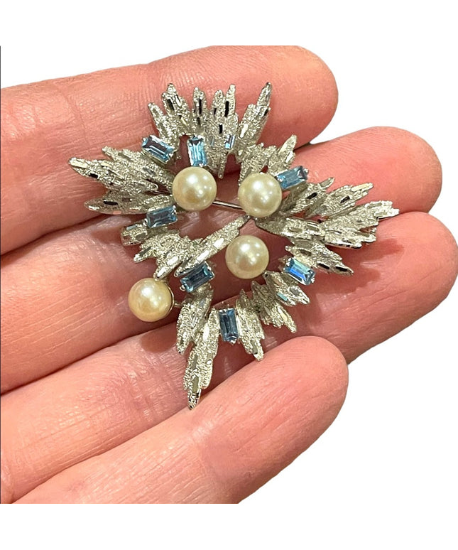 Antique Silver plated faux pearl blue crystal rhinestone starburst brooch