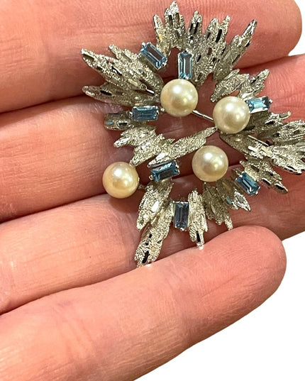 Antique Silver plated faux pearl blue crystal rhinestone starburst brooch