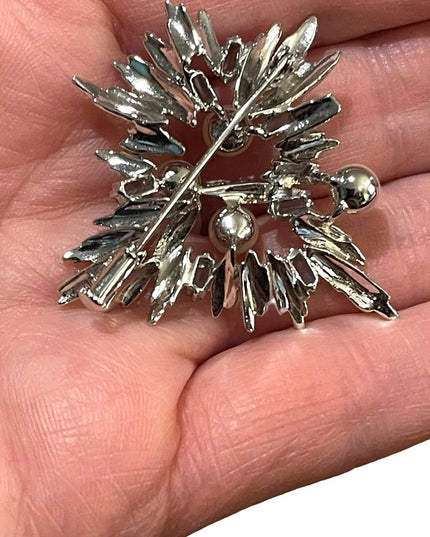 Antique Silver plated faux pearl blue crystal rhinestone starburst brooch