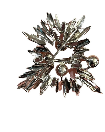 Antique Silver plated faux pearl blue crystal rhinestone starburst brooch