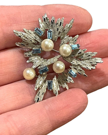 Antique Silver plated faux pearl blue crystal rhinestone starburst brooch