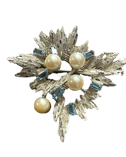 Antique Silver plated faux pearl blue crystal rhinestone starburst brooch