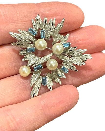 Antique Silver plated faux pearl blue crystal rhinestone starburst brooch