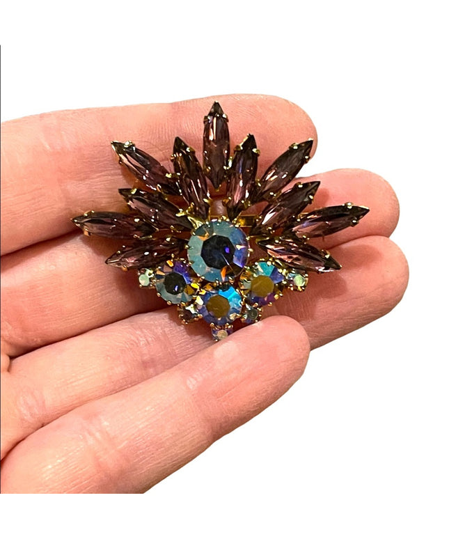 Vintage 1950s Crystal AB purple fancy 1950s starburst brooch