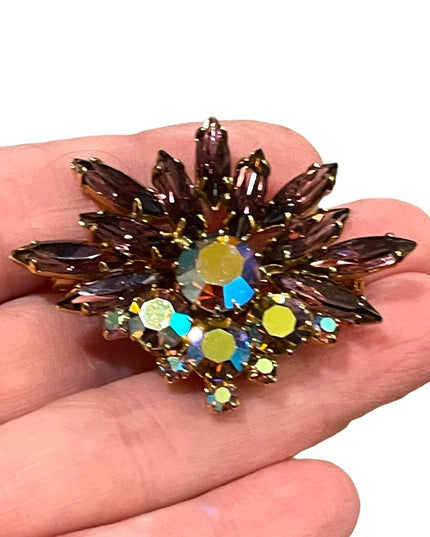Vintage 1950s Crystal AB purple fancy 1950s starburst brooch