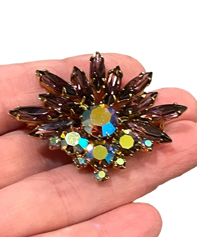 Vintage 1950s Crystal AB purple fancy 1950s starburst brooch