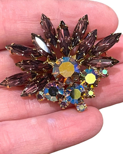 Vintage 1950s Crystal AB purple fancy 1950s starburst brooch