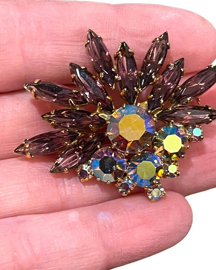 Vintage 1950s Crystal AB purple fancy 1950s starburst brooch