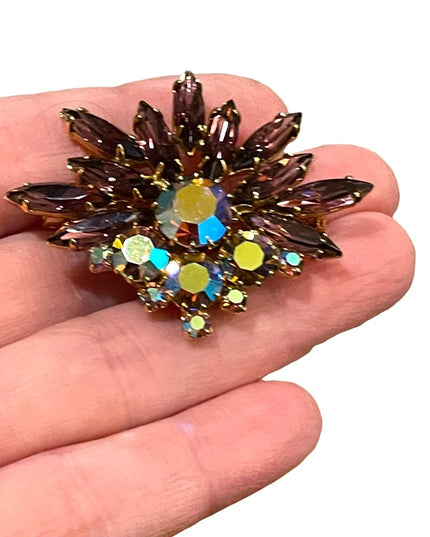 Vintage 1950s Crystal AB purple fancy 1950s starburst brooch