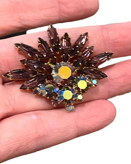 Vintage 1950s Crystal AB purple fancy 1950s starburst brooch