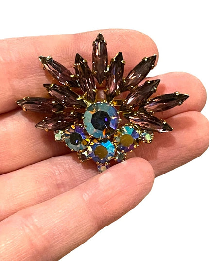 Vintage 1950s Crystal AB purple fancy 1950s starburst brooch