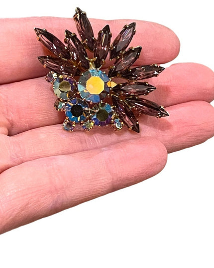 Vintage 1950s Crystal AB purple fancy 1950s starburst brooch