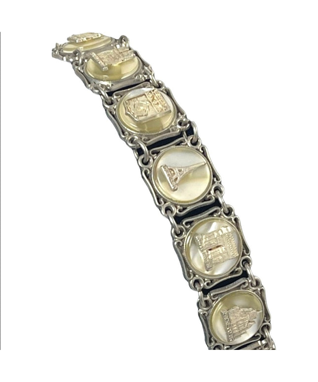 VTG silver PARIS FRANCE FRENCH Eiffel tower lucite link panel tourist bracelet