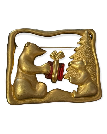 Bears giving red crystal present under tree christmas brooch gold metal